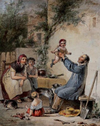 Jean Alphonse ROÊHN (1799-1864) L'Heureuse famille Dessin à l'aquarelle, signé. 15,5...
