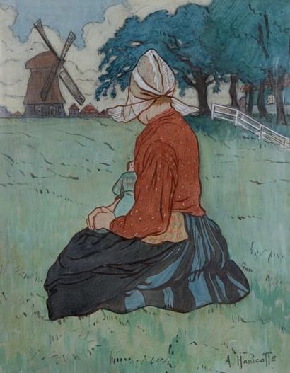 Augustin HANICOTTE (1870-1957) Jeune bretonne à la poupée, près du moulin Aquarelle,...