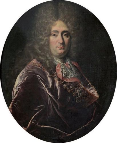 André BOUYS (1656- 1740) Attribué à Portrait d'homme à la draperie rouge Toile ovale...