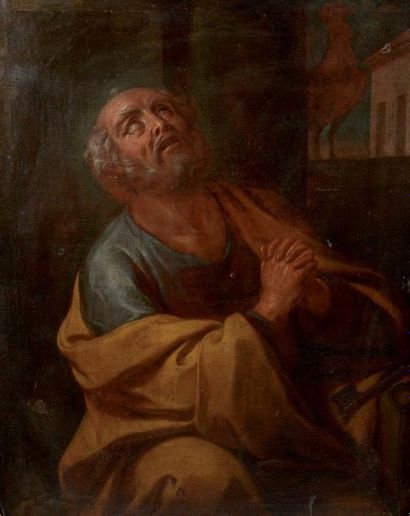 Ecole italienne du XVIIe siècle Saint Pierre repentant Huile sur toile. (Rentoilage,...