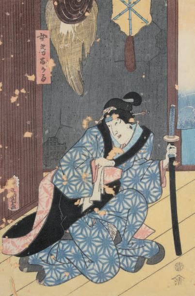 null DEUX ESTAMPES japonaises oban tate-e par Toyokuni, personnage et oiran et jeune...