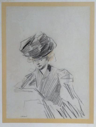 Jean-Louis FORAIN (1852-1931) Portrait Dessin au fusain et pastel Signé en bas à...