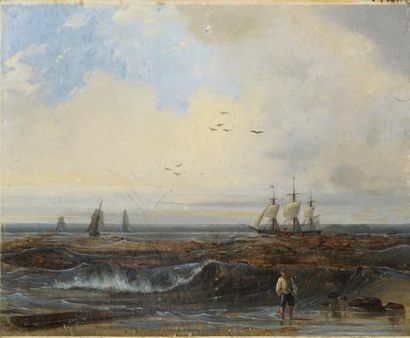 Anonyme - XIXème siècle Marine Huile sur panneau. 15 x 18,5 cm.