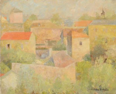 Thérèse DEBAINS (1907-1975) Groupe de maisons Huile sur toile. Signé en bas à droite...