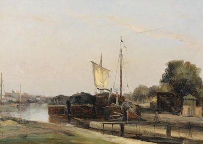 Gabriel PRIEUR (1806-1879) Péniches - Canal de l'Ourcq Huile sur toile (réentoilée....