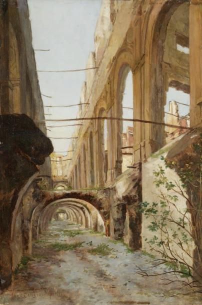 Auguste CONSTANTIN (1824-1895) Les ruines de la cour des Comptes Huile sur toile...