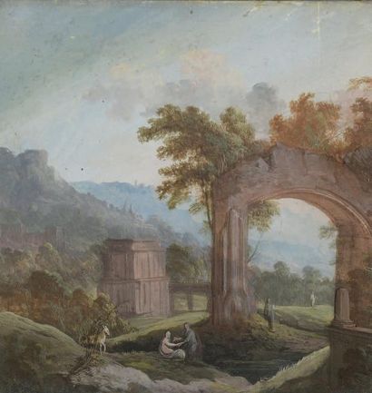 Pierre-Antoine PATEL (1648-1707) Paysage composé dans des ruines antiques. Gouache...