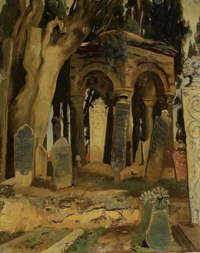 Louis Jules DUMOULIN 1860-1924 (attr.à) Le cimetière turc Huile sur panneau 42,5...