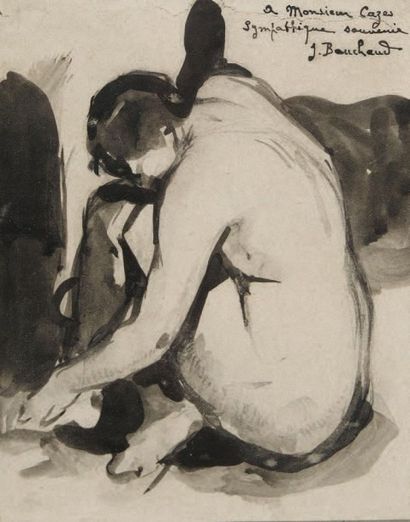 JEAN BOUCHAUD (1891-1977) Femme nue accroupie Encre sur papier encadrée (déchirure)....