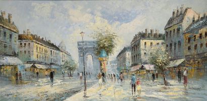 BURNETT (XXe siècle) Les Champs-Elysées Huile sur toile, signée en bas à droite....