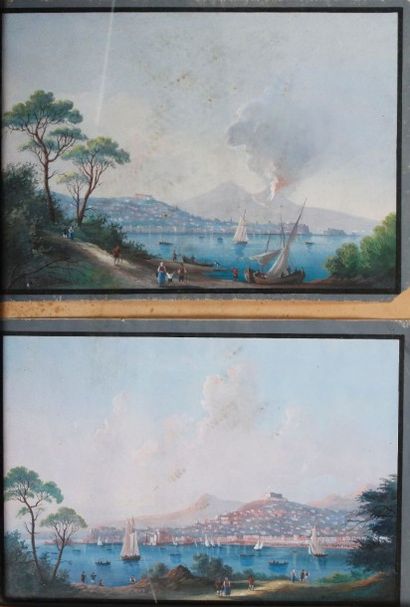 École italienne Baie de Naples Deux gouaches formant pendant. 19 x 28 cm