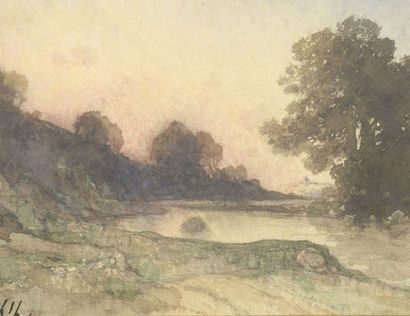Henri Joseph HARPIGNIÈS (1819-1916) Paysage au soleil couchant Aquarelle, signée...