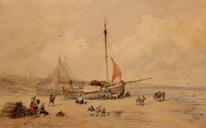 École du XIXe siècle Le déchargement du bateau sur la grève Aquarelle, porte une...