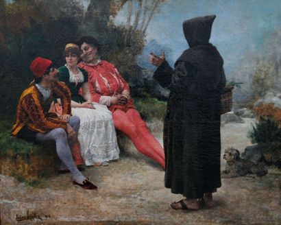JULES GARNIER (1847-1889) Scène théâtrale, la conversation sur un banc Huile sur...