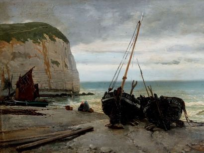 Alphonse de NEUVILLE (1835-1885) Barques de pécheur sur la rive à Etretat Huile sur...