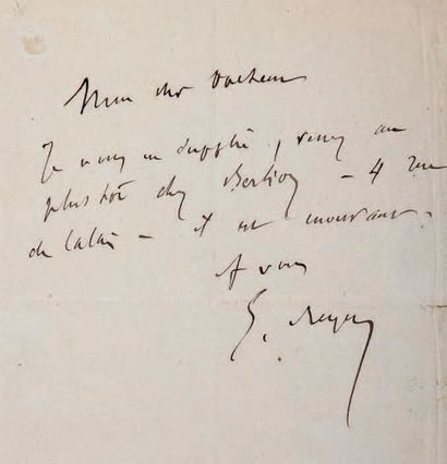 [BERLIOZ (Hector)] - REYER (Ernest). Billet autographe, signé à un docteur (1869);...