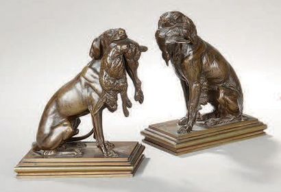 Ferdinand PAUTROT (1832-1874) Deux chiens assis, tenant dans leur gueule un lièvre...