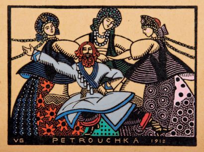 HUGO (Valentine Gross) " Petrouchka 1912 ". Gravure originale sur bois coloriée,...
