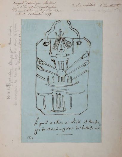 ROSSINI (Gioachino) Dessin original à la plume avec deux lignes autographes [1857];...
