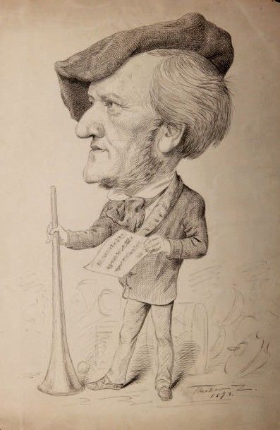 WAGNER (Richard) Son portrait par THEODOR. 1873. Dessin original à la plume, signé;...