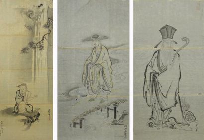 null DYNASTIE DES T'SING CHINE XXe siècle TROIS PEINTURES de sages confucéens sur...