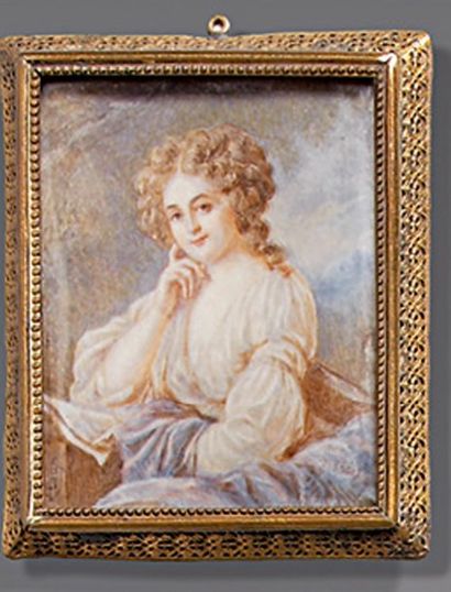 ECOLE FRANCAISE, dans le goût du XVIIIe siècle Portrait de jeune femme brune, accoudée...