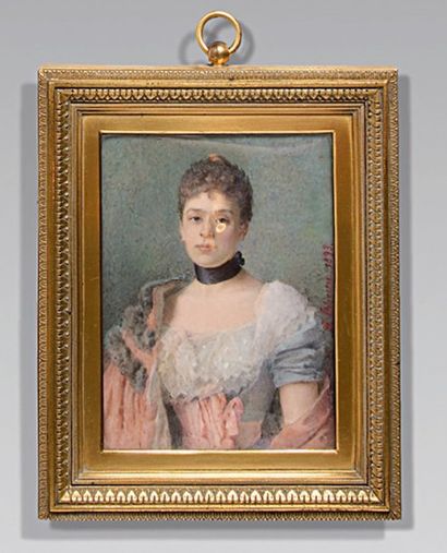 Anne Nicole VOULLEMIER (1796 - 1886) Portrait de jeune femme brune en robe blanche...