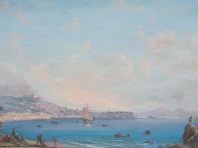 École italienne Baie de Naples Gouache. 32,5 x 50 cm