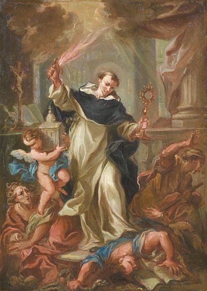 Attribué à Giuseppe PASSERI (1654-1714) Saint Dominique écrasant le mal Papier marouflé...