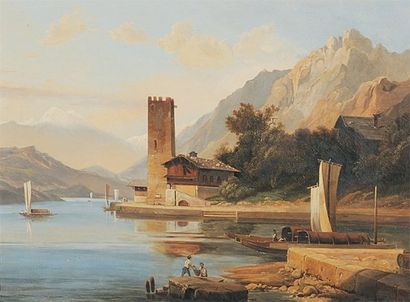 ECOLE FRANÇAISE vers 1870 Bord d'un lac de montagne Sur sa toile d'origine. (accidents)....