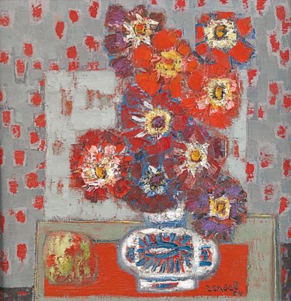 ZENDEL Bouquet de fleurs Huile sur toile signée en bas à gauche. 49 x 49 cm