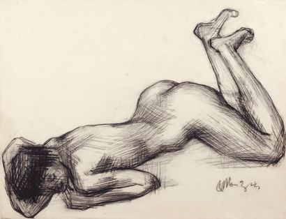 Bernard MOUGIN (1918-2002) Femme nue allongée sur le ventre, jambes relevées Fusain...