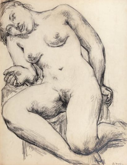 Bernard MOUGIN (1918-2002) Femme nue assise Crayon noir sur papier bistre, signé...