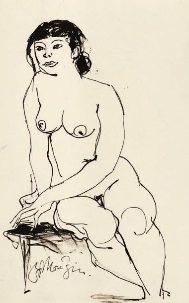 Bernard MOUGIN (1918-2002) Femme nue recroquevillée Encre de Chine sur papier, signée...