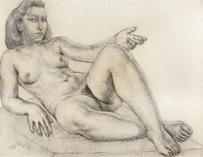 Bernard MOUGIN (1918-2002) Femme nue allongée bras gauche tendu. Crayon noir sur...