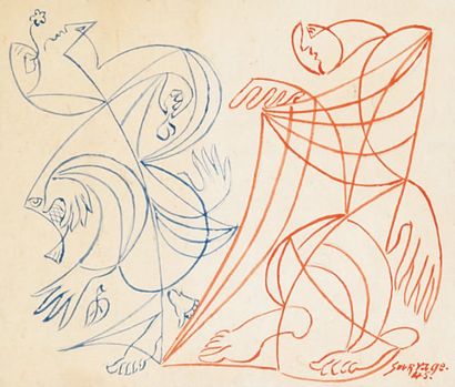 Léopold SURVAGE (1879 - 1968) Deux personnages bleu et rouge. Aquarelle. Signé et...
