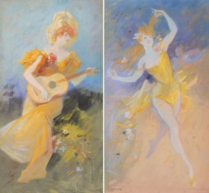 Jules CHERET (Paris 1836 - Nice 1932) Danseuse et Guitariste Deux pastels signés...