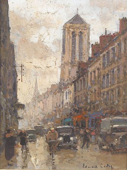 Edouard CORTES (1882 - 1969) Scène de rue Panneau d'isorel. Signé en bas à droite...
