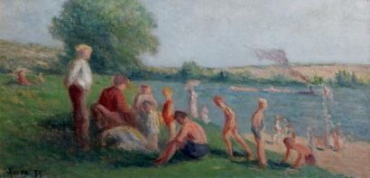 Maximilien Luce (1858-1941) Méricourt, baignade au bord de la Seine Huile sur toile,...