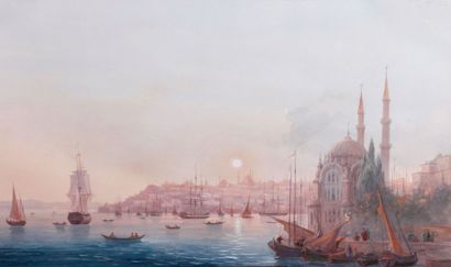 Ecole Italienne du xxe siècle Vue de la corne d'or d'Istanbul Gouache. 27 x 47 c...