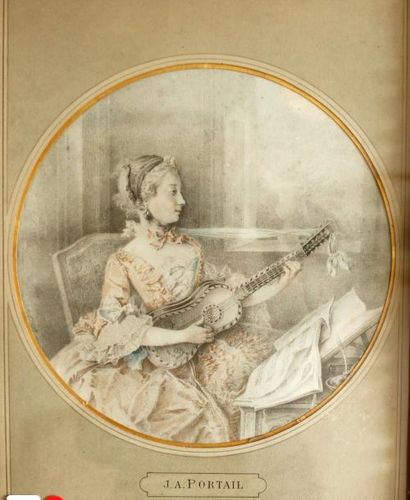 D'après Jacques André PORTAIL (1695-1759) Jeune fille à la mandoline Gravure circulaire....
