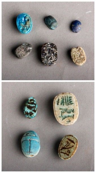 Six scarabées antiques en pierre et faïence....