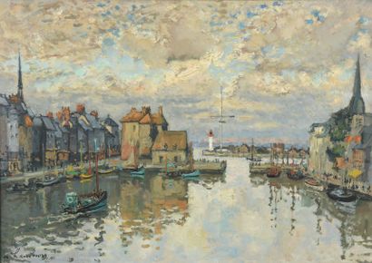 André HAMBOURG (1904-1999) Port d'Honfleur, le Vieux bassin Huile sur toile, signée...