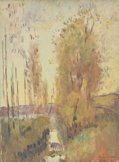 ALBERT LEBOURG (1849-1928) Peupliers en automne. Huile sur toile, signée en bas à...