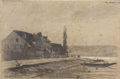 ALBERT LEBOURG (1849-1928) Bord de Seine près de Rouen Dessin au fusain et rehauts...