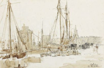 ALBERT LEBOURG (1849-1928) Le Port de La Rochelle Encre et lavis de sépia et rehauts...