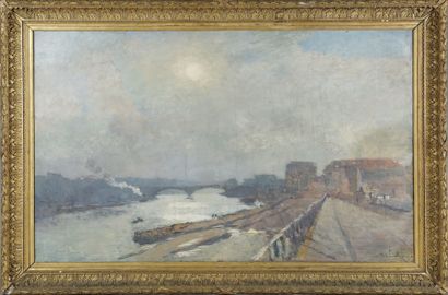 ALBERT LEBOURG (1849-1928) Pont sur la Seine à Paris Grande huile sur toile, signée...