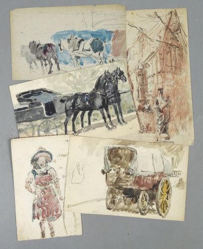 ALBERT LEBOURG (1849-1928) Ensemble de cinq feuilles de croquis aquarellés représentant...