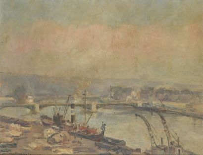 Albert GUILLOUX (1871-1852) Le Port de Rouen Huile sur toile, signée et datée 1929...