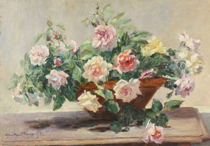 Albert GUILLOUX (1871-1852) Corbeille de roses Huile sur toile, signée et datée 1950...